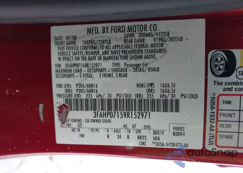 2009 Ford Fusion Se from USA, damaged, VIN 3FAHP07159R152971